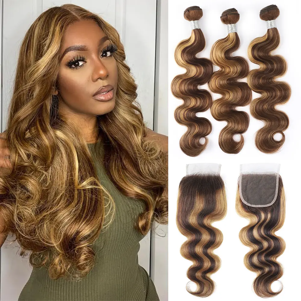 Human Hair Weave Body Wave Bundles with Closure, P4/27 Brown-Highlight Honey Blonde Weft Sew-In Hair Extensions, Weft Human Hair