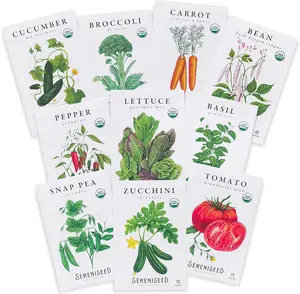 Certified Organic Vegetable Seeds (10-Pack) – Non GMO, Open Pollinated - Basil, Snap Pea, Broccoli, Bean, Jalapeno, Tomato, Lettuce, Cucumber, Carrot, Zucchini Seeds for Planting