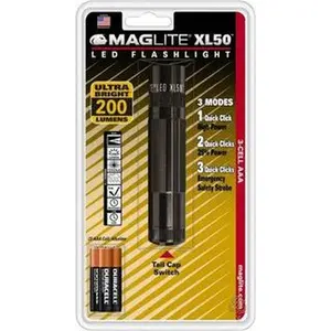 Maglite XL50 Model LED Tactical Flashlight - 200 Lumens, Industrial Look Black Aluminum Body, 3 AAA Alkaline Batteries Included (XL50-S3016)