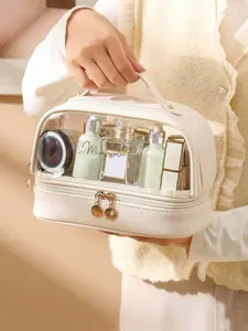 Women's PU PVC Transparent Window Zipper Makeup Bag, Makeup Pouch, Waterproof Travel Organizer, Large Capacity Cosmetic Storage, Ideal Gift for Valentine's Day
