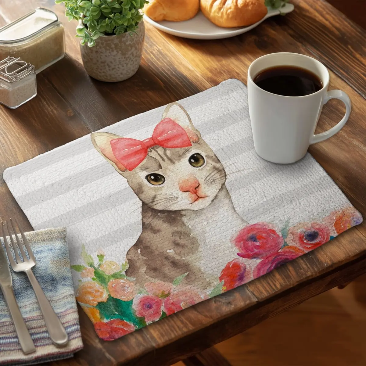 360 stand Rectangular Polyester Placemat, 14x18 in Gray Pet Animal Design with Floral Accent - Stain-Proof, Small Cat Themed Coasters Home Decor Kitchen Tableware, Dinnerware, Cute Placemats & Coasters