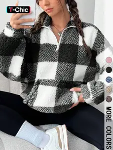 Women's Plaid Print Half-Zip Drop Shoulder Fleece Sweatshirt Womenswear, Casual Style Long Sleeve Stand Collar Pullover for Spring & Fall, Ladies Clothes for Daily Wear