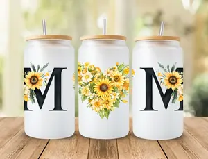 Floral Mom 16oz Frosted Glass Can with Bamboo Lid and Straw