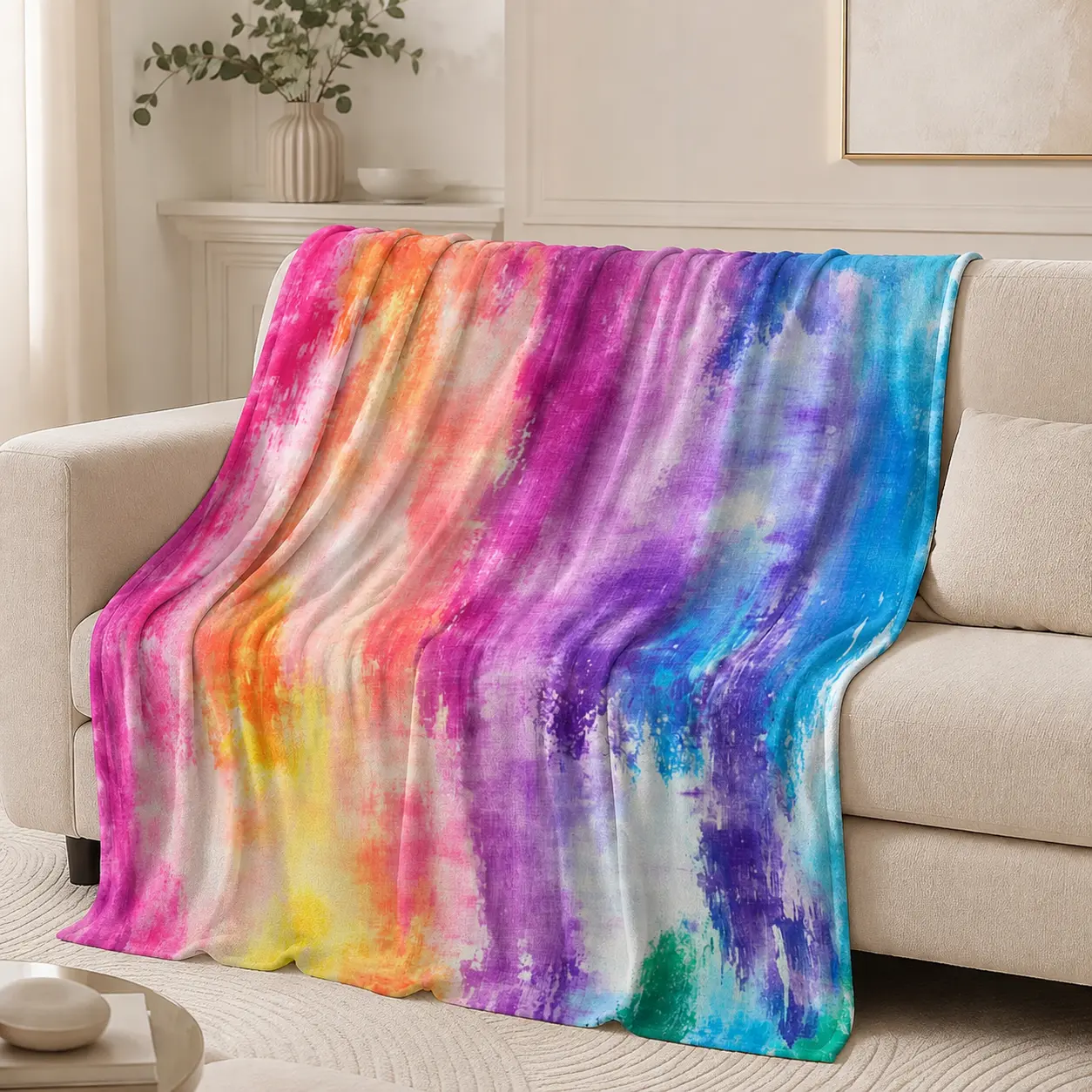 Colorful Watercolor Flannel Throw Blanket, Super Soft Lightweight Rainbow Brushstroke Fleece Blanket for Adults & Kids, Cozy Single-Sided Print Blanket with White Reverse, Warm All Season Bed Chair Home Decor Gift