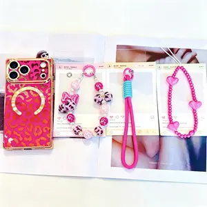 Women's Luxury Leopard Print Glossy Square Phone Case 4-Piece Set - MagSafe Compatible, Drop-Resistant, Durable - with Matching Bead Decoration, Lanyard, Heart-Shaped Bracelet - for iPhone 17/16/15/14/13 Pro Max Mobile Device Accessory