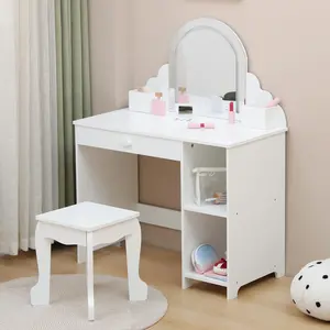 Kids Vanity with Lighted Mirror & Stool, Little Girls Vanity with Adjustable LED Light, Storage Drawer & Shelves for Girls 3-9, White