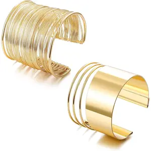 FINREZIO 2 Pcs Golden Brilliant Cuff Bangle Set for Women Men Multi-Layer Wire Wrapped Open Copper Cuffs Wide Polished Statement Bangles Adjustable Hypoallergenic Brass Bracelets for Daily Wear Parties Prom Gift Giving