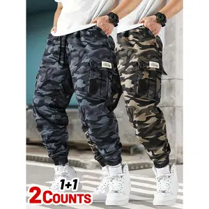 2pcs Men's Stylish Camo Cargo Pants - Multiple Pockets + Durable Polyester, Machine-Washable for Outdoor/Casual Wear