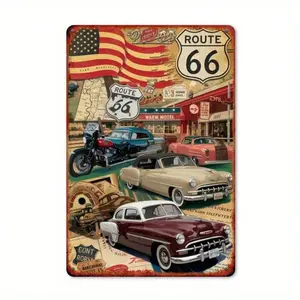 Vintage Tin Sign 8x12, Route 66 Wall Decor for Man Cave