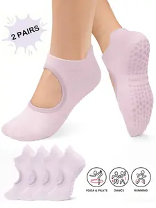 2 Pairs Pilates Socks with Grips for Women, Open Top Yoga Socks, Non Slip Grippy Casual Athletic Socks for Workout, Barre, Dance, Pilates Gifts