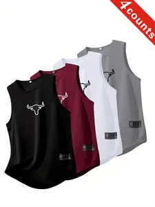 Men's 4-Piece Sleeveless Quick-Dry Dry Fit Active Fitness Tank Tops, Breathable Comfort Running Training Sports Shirts, Geometric Pattern, Loose Fit, Sports Vests