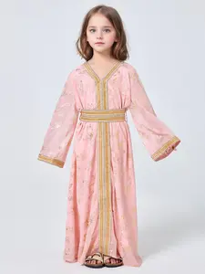 Girls' V-Neck Gold Embroidered Abaya Dress with Flared Sleeves, Middle Eastern Muslim Girls' Clothing with Belt Included