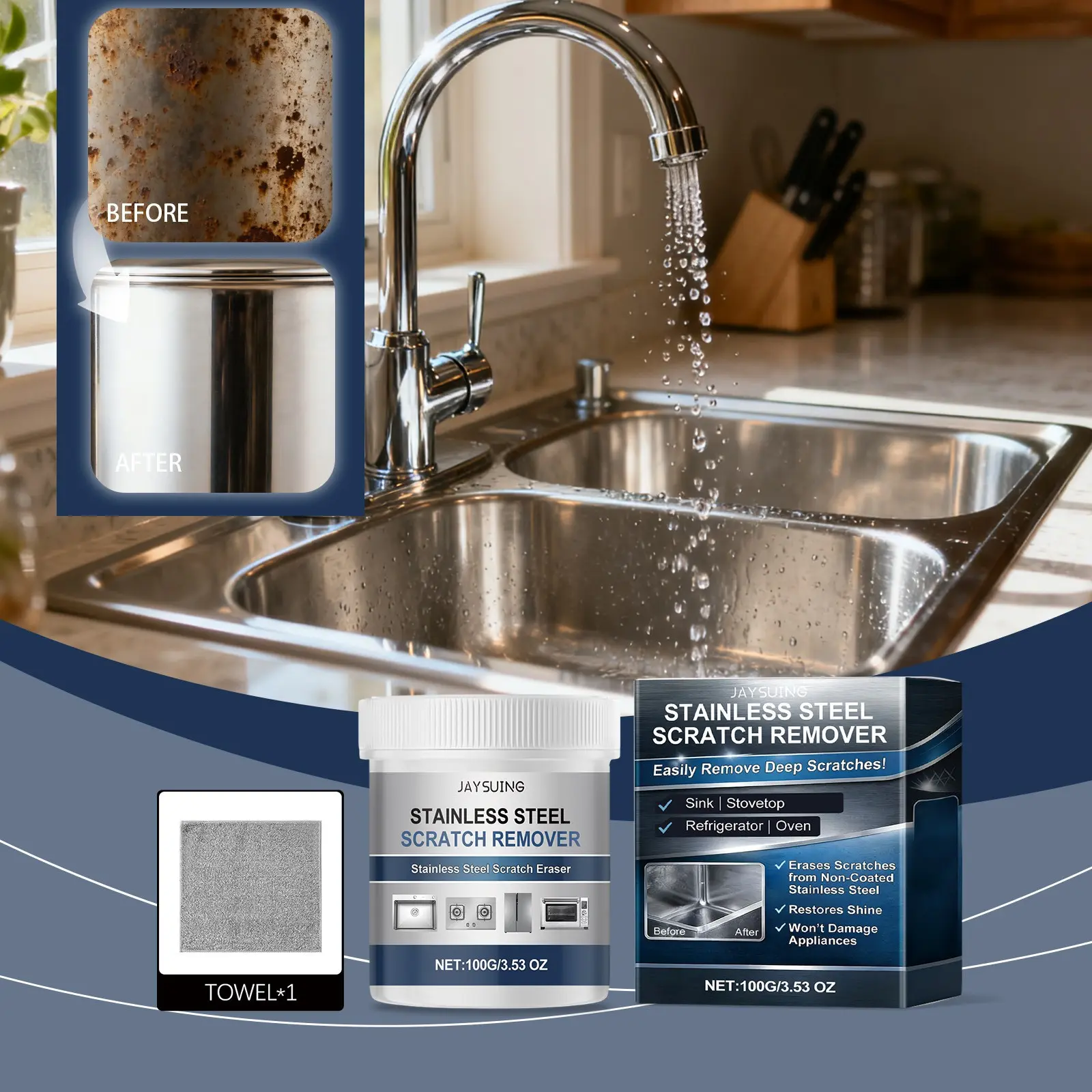 Jaysuing Stainless Steel Scratch Remover, Kitchen Counter & Utensil Renewal, Daily Use, Effective Scratch Removal, Easy Application