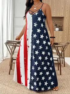 Plus Size Women's Round Neck Spaghetti Strap Long Dress, Casual Fashion Slimming Patchwork Design, Versatile Summer