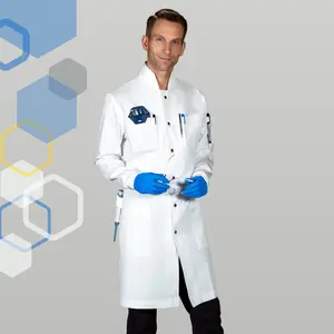 The Louis - Men's Cotton Chemistry Lab Coat (White) - Science Research Protective Workwear - Knit Cuffs, Metal Snaps, Howie Collar - Genius Lab Gear