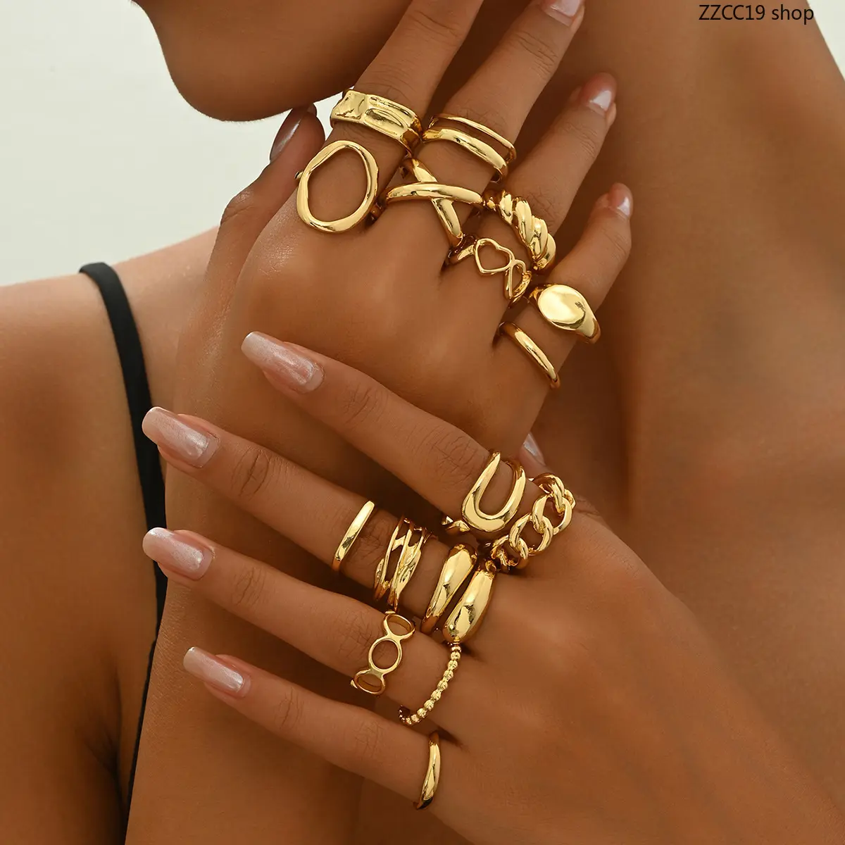 16 Pack Gold Stackable Rings Set, Adjustable Open Rings, Boho Minimalist Chunky Knotted Chain Rings for Women