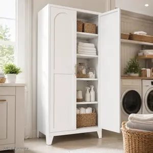 71-in Arch All Steel Sideboard Buffet Cabinet - 2 Shapely Doors, Adjustable Shelves, Sturdy Build, White Indoor Furniture for Kitchen, Bedroom, White Cabinets