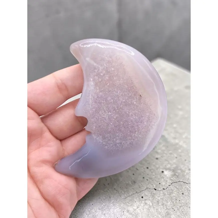 Druzy Agate Moon Carving, Handcrafted Celestial Quartz Crystal for Home Decor, Gemini Zodiac Gift for Stress Relief & Intuition