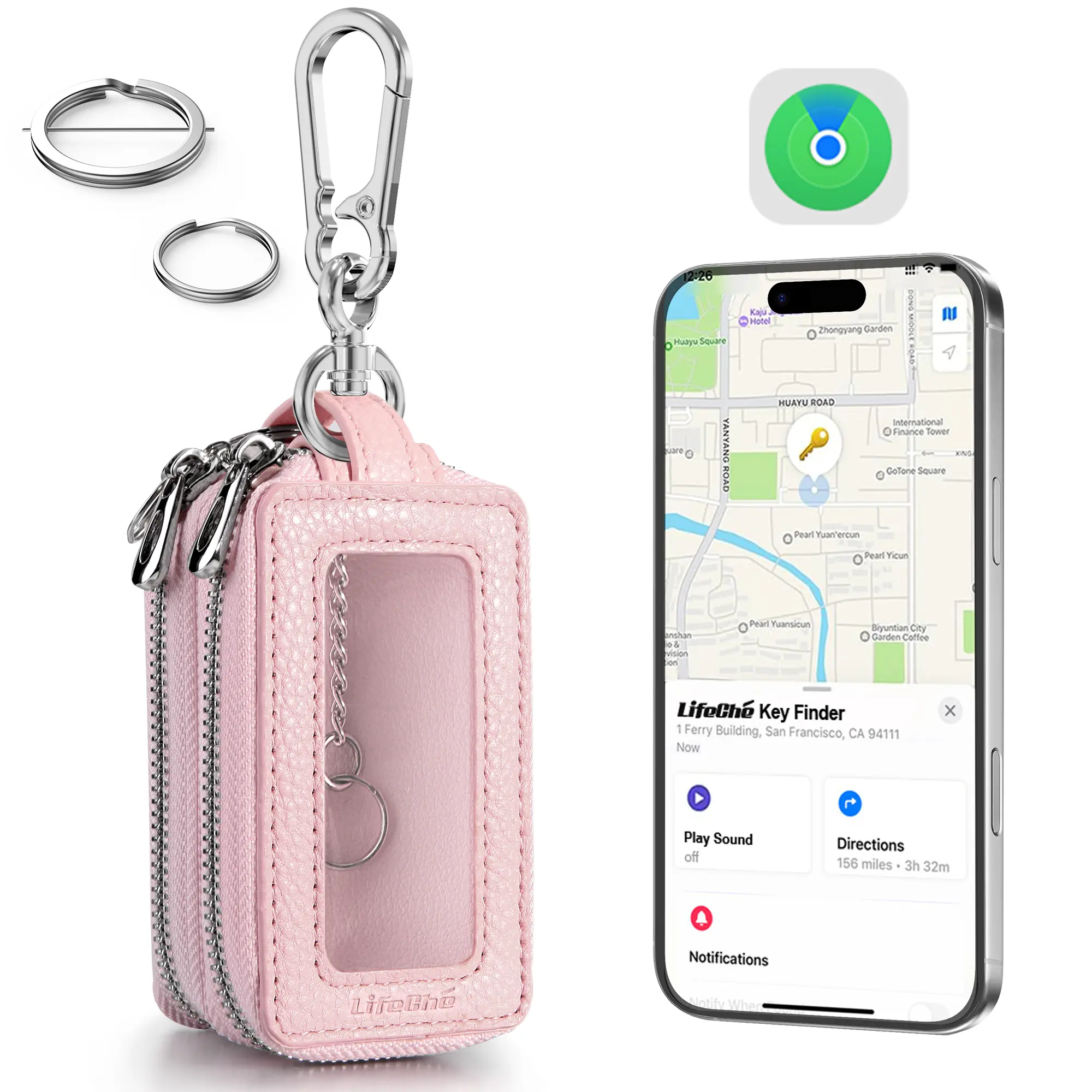 Universal Car Key Fob Key Finder Built-in Anti-Loss Tracker, Premium PU Leather Car Key fob Holder, Keychain Key Fob Cover with Double Layer, Transparent Window, Hook, More Key Rings