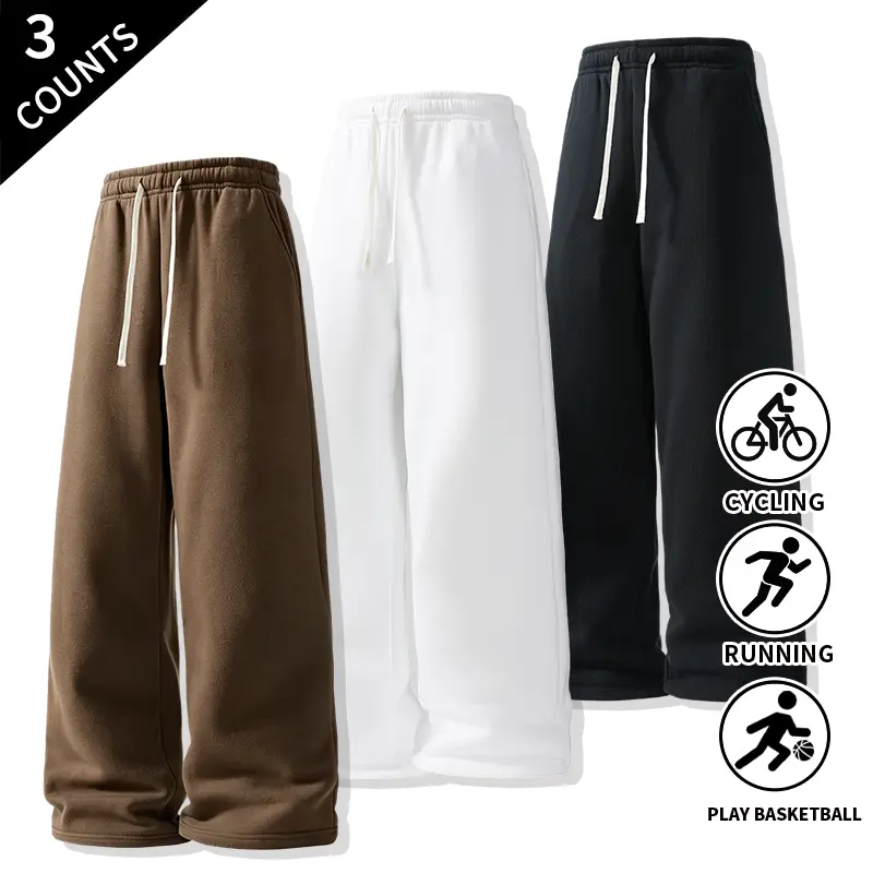 3-Pack Men’s Relaxed Straight Wide-Leg Sweatpants, Elastic Drawstring Waist, Casual Streetwear Trousers, Loose Fit Daily Joggers with Side Pockets for Outdoor Walking