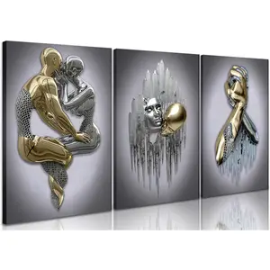 Modern Bedroom Wall Art Set of 3 3D Metal Effect Couple Canvas Paintings 16x24in Framed Abstract Figure Statue Art Prints for Living Room Home Decor Decoration Artistic wall decor