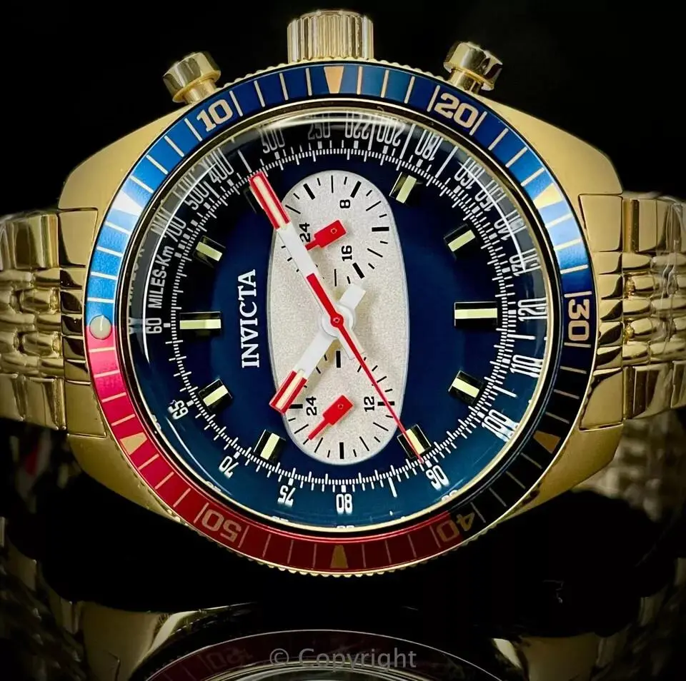Invicta Men's Speedway Monaco Edition Analog Watch, 43mm Gold-Tone Stainless Steel Business Wristwatch with Blue Dial and Tri-Time Quartz Chronograph, Stainless Steel Watch