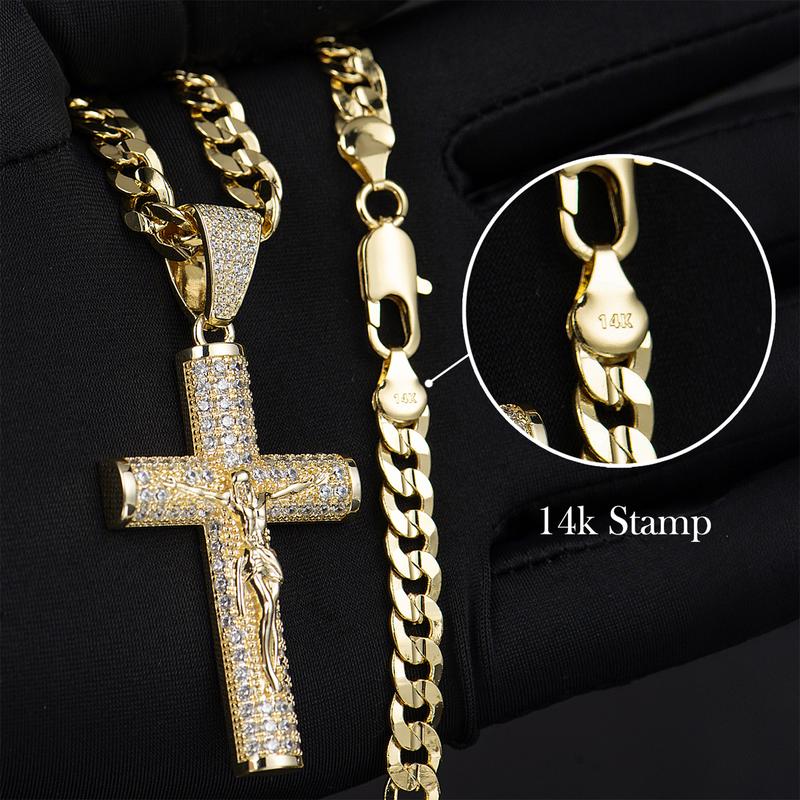 Holylegend 14k Real Gold-Plated Cuban , Figaro, Miami Cross with Jesus Christ Crucifix,24 inches Long and 6mm Wide,Handcrafted Polishing and Multiple Electroplating Daily Wear Necklace