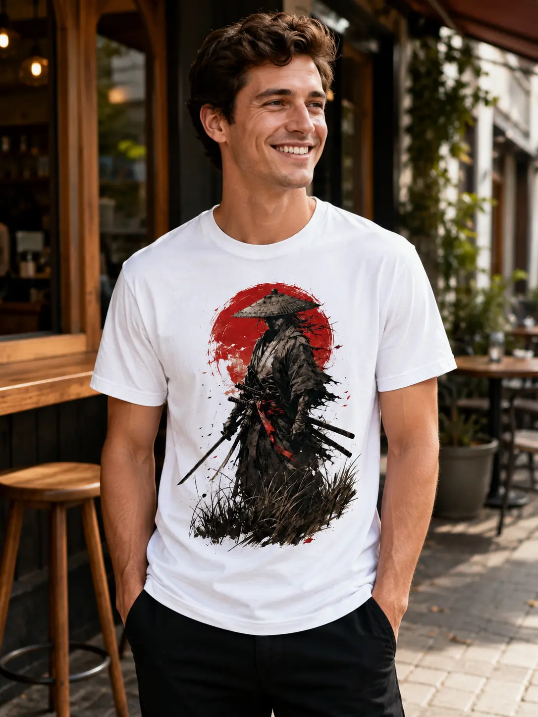 Men’s Red Sun Samurai Graphic T-Shirt, Short Sleeve Crew Neck Casual Streetwear Tee for Daily Wear, Weekend Outfits and Gift