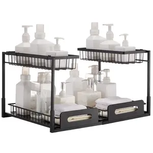 VEVOR 2 Tier Pull Out Cabinet Organizer(10.7"W x 14.2"D ),  Under Sink Organizer and Storage, Slide Out Drawer Cabinet Organizer, Wire Basket Sliding Shelf for Kitchen Bathroom Cabinet, Black (2 Pack)