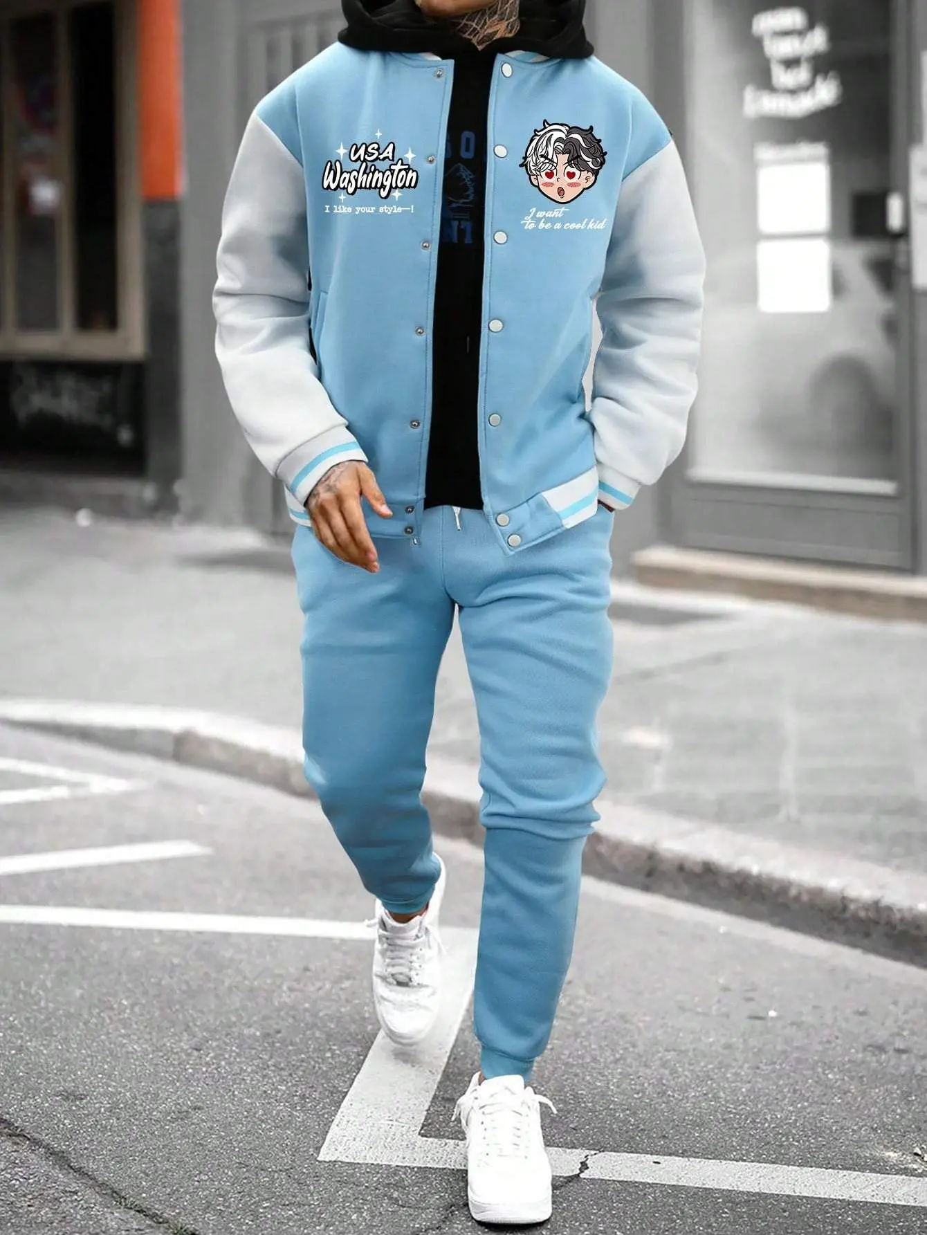 Manfinity Hypemode Men Letter Cartoon Graphic Colorblock Drop Shoulder Jacket & Sweatpants
