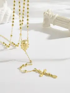 Fashion Saint Judas Jesus Cross Rosary Necklace, Religious Necklace, Faith Style Necklaces, Cross Pendant Necklace, Simple Copper Plated 14k Gold Zircon, Unisex 4mm Beads 24 Inch, Holiday Gift, Link Chain Necklace