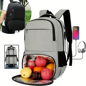 Versatile 5.28-7.93gal Gray Travel Backpack with USB Charging & Headphone Port, Insulated Compartment for Fruits/Veggies - Durable Nylon, Zip Closure, Perfect for Camping & Picnics, Backpack for Travel