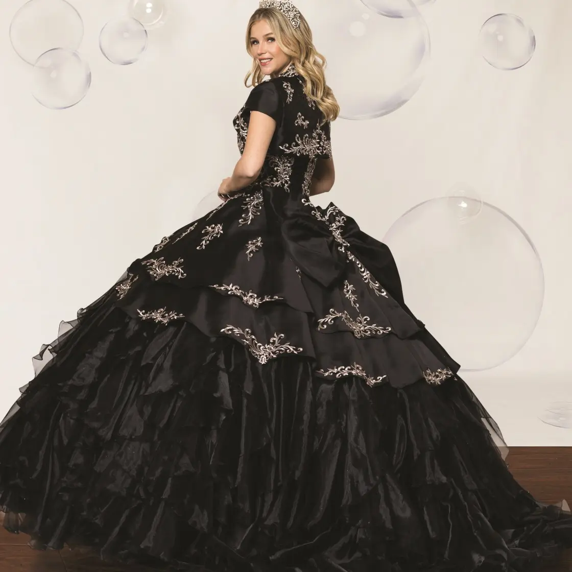 Lady's No.18 Full-Length Satin Ball Gown Quinceanera Dress - Layered Flounced Design, 15th Birthday Formal Elegant Statement Piece, Black, Floor-Length, Chic, Outfit Of The Night, Watch Party, Going Out, Party Fit