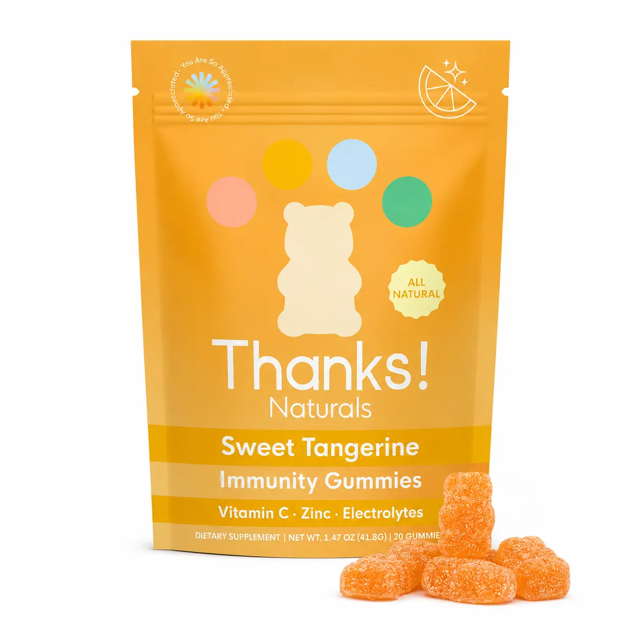 Thanks! Naturals Sweet Tangerine Immunity Dietary Supplement Gummies - Tangerine Burst Flavor, Vitamin C + Zinc, Electrolytes, Daily Vitamin & Wellness Chewables