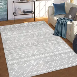 Large Boho Geometric Area Rug – Machine Washable, Non-Slip Neutral Carpet for Farmhouse & Modern Living Room, Dining Room & Bedroom