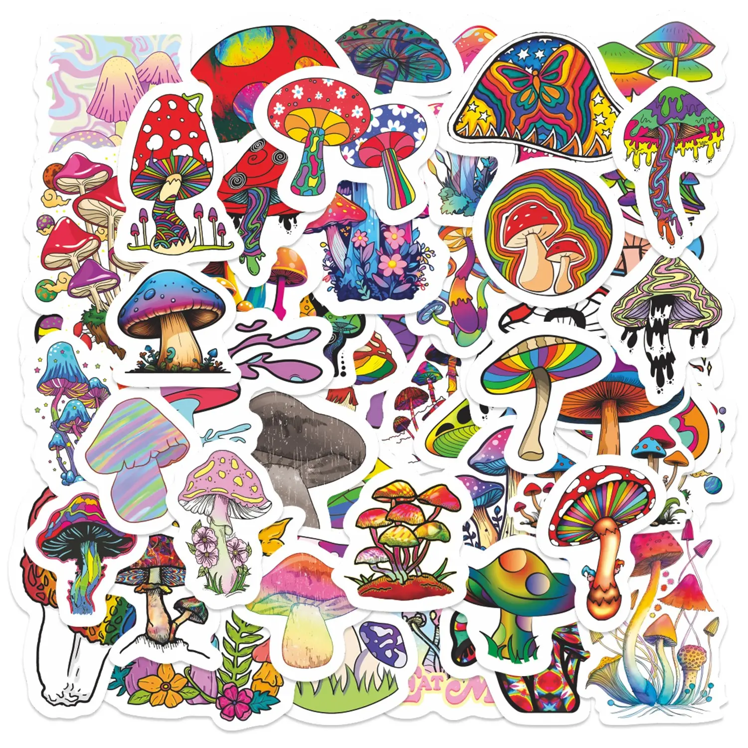 50pcs Psychedelic Trippy Mushroom Aesthetic Stickers Pack, Waterproof Colorful Hippie Art Decals for Laptop, Water Bottle, Skateboard & Luggage, Nature Lover Gift