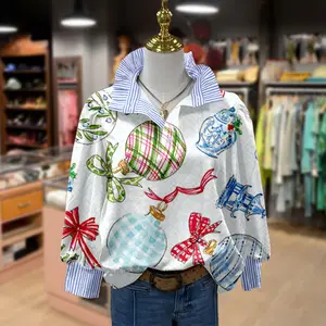 Cherrybetty Christmas Ornaments Print Striped Collar Top with Festive Ball and Ribbon Design for Holiday Wear Women's Fashion Outdoorfun