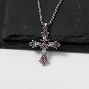 Gothic Boho Chunky Cross Necklace Women Bogadion Titanium Steel Punk Jewelry with Pink Diamonds Heavy Duty Y2K Layering Chain Statement Gift Idea