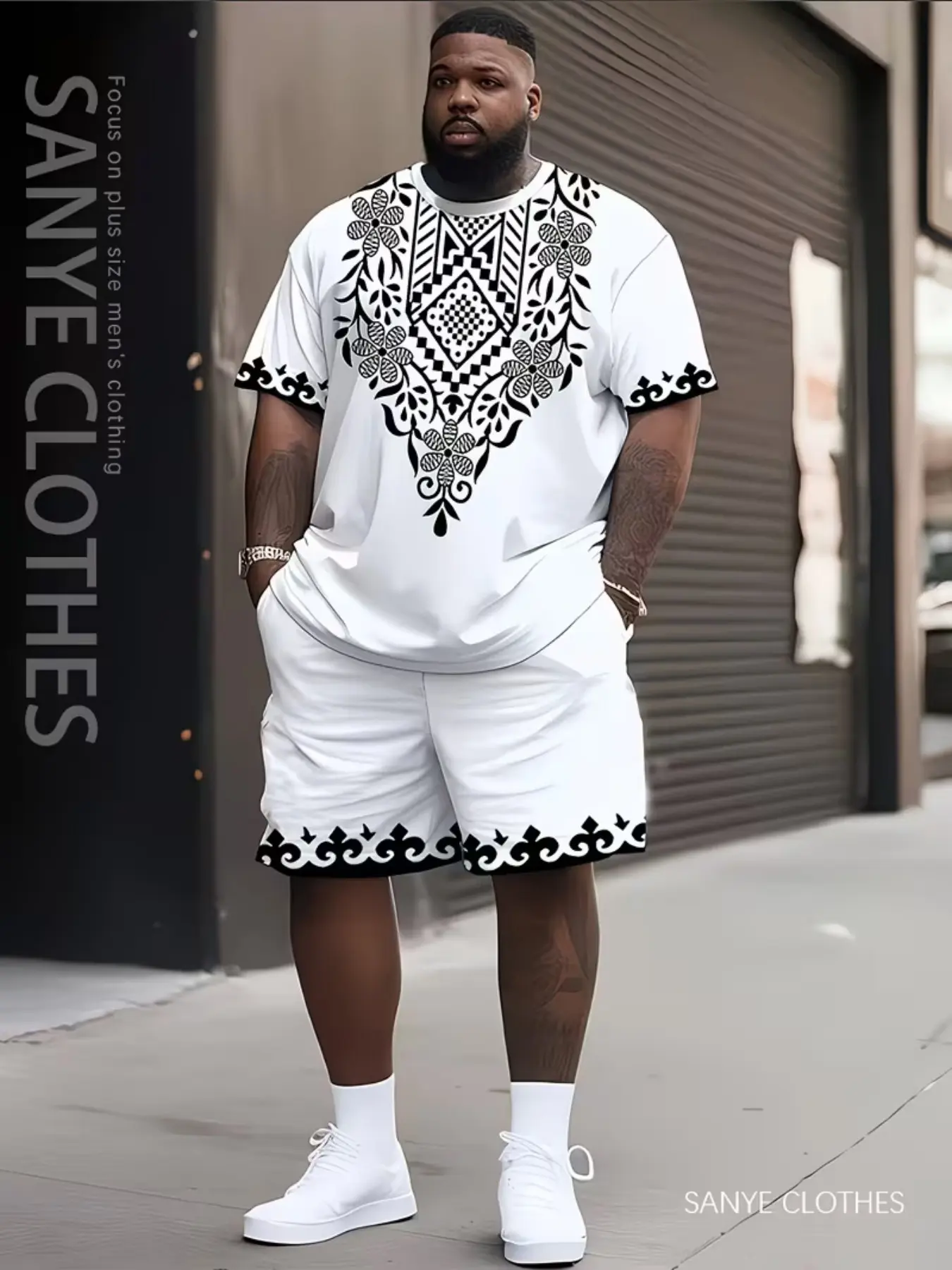 Men's Plus Size All over Print Classic Streetwear Match Style Set, Round Neck Tee and Pocket Drawstring Shorts, Casual Outdoor Sportswear