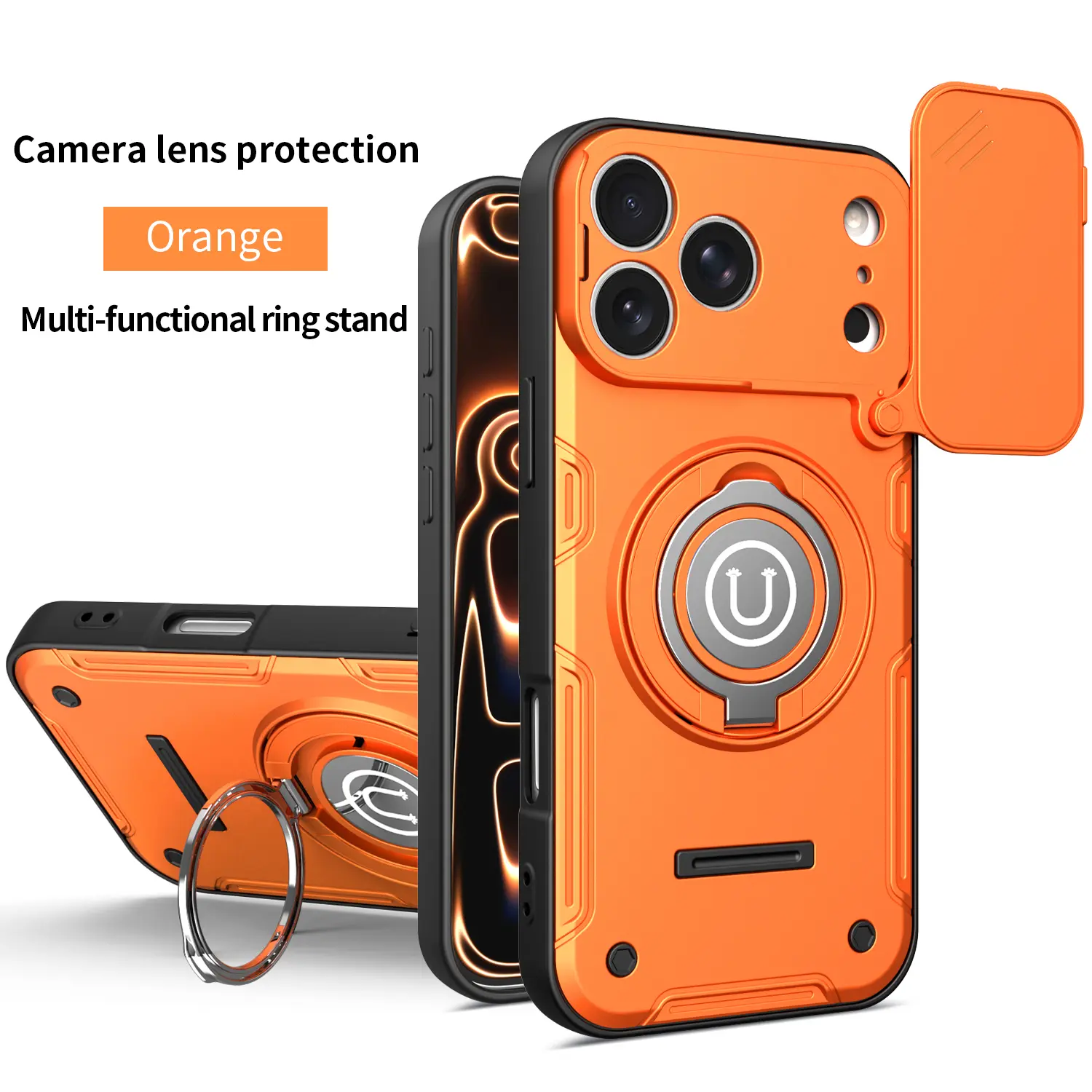 Heavy Duty Polycarbonate Cellphone Case - Impact Protection, 360° Rotating Kickstand, Slide Camera Privacy Cover, Built-in MagSafe Magnet, 100+ Angle Adjustment Handheld Devices Accessory for iPhone 17/16 series(Black/Blue/Red/Purple/Orange)