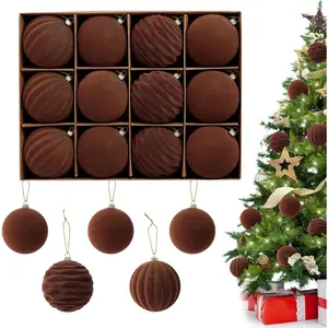 3.15 inch Velvet Christmas Ornaments Balls Sets, 12 PCS Velvet Ornaments for Christmas Tree, Flocked Ornaments Balls for Holiday Party Xmas Hanging Decoration (Brown, 3.15inch)