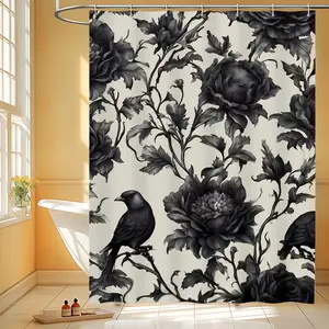 1pc Gothic Crow & Floral Shower Curtain - Black & White Botanical Print Machine Washable Polyester with Hooks Modern Elegant Bathroom Decor Smooth Texture Fabric for Stylish Home Aesthetics Bathroom Decor and Accessories