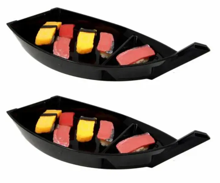 Aesthetic Traditional Japanese Black Plastic Lacquer Sushi Boat Serving Plate, 2-Piece Beautiful Boat Home Supplies Set, Two Piece Set