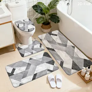 4pcs Non-Slip Bath Floor Mat Suitable for Home Decor with Toilet Cover & U-Shaped Mat, Thick Absorbent Soft Flannel Sponge Shower Mat, Marble Pattern Suitable for Bath Tub Shower, Washable Floor (0.39inch Thick)