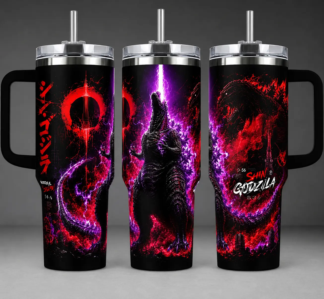 [Gift Box & Straw] Kaiju Anime Monster Style Shin Godzilla Inspired Tumbler 20oz 40oz With Handle & Straw, Purple Atomic Breath Graphic Stainless Steel Insulated Travel Mug, Japanese Monster Fan Drinkware Gift