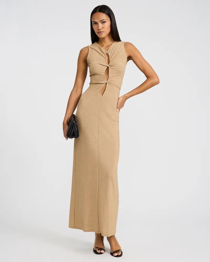 knee length dresses for ladies Cut Out Misty Gold Metallic Bodycon Maxi Dress – Parthea Fashion main image 0