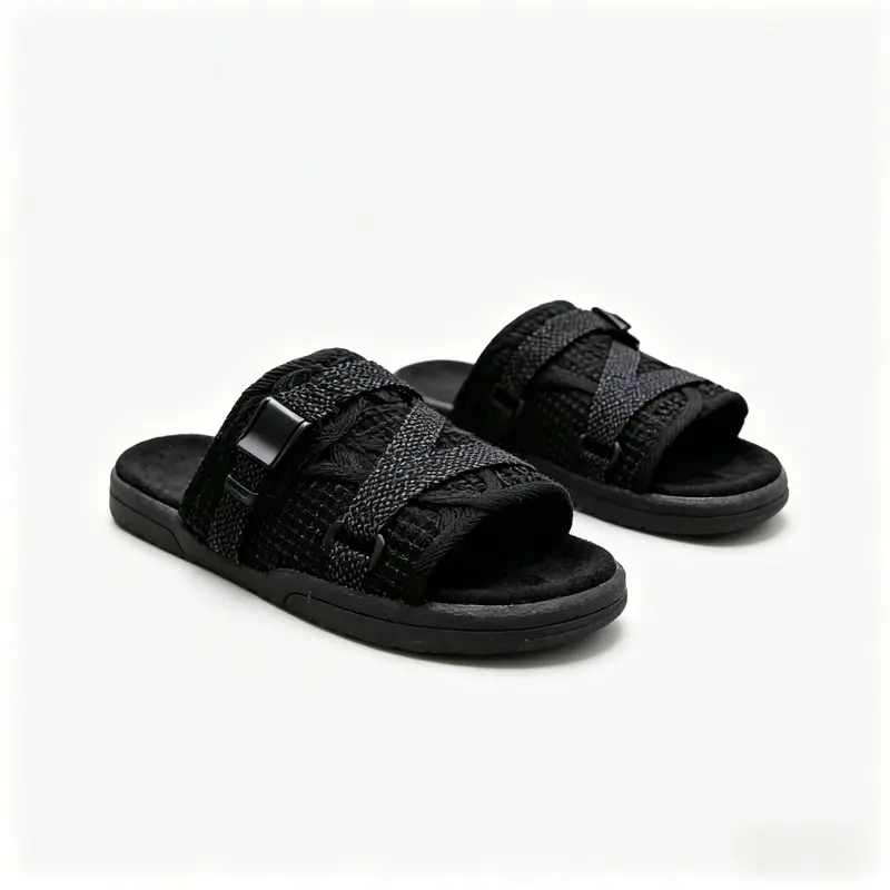 Men's Black Adjustable Strap Lightweight Sandals - 2026 Summer Essential Fabric Sports Slides, Flexible Expandable Unisex Footwear with Reflective Lights for Everyday Casual Comfort