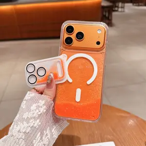 Liquid sand phone case + sand lens film Apple 17pro High-end pressure-relieving magnetic phone case iphone17promax Sand glitter transparent phone case