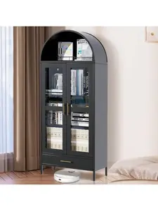 Gaomon 73-in Tall Arched Pantry Cabinet, Modern Farmhouse Black Versatile Cupboard with Glass Door, 2 Adjustable Shelves, Drawers, Metal Steel Construction, Adjustable Legs, Easy Assembly