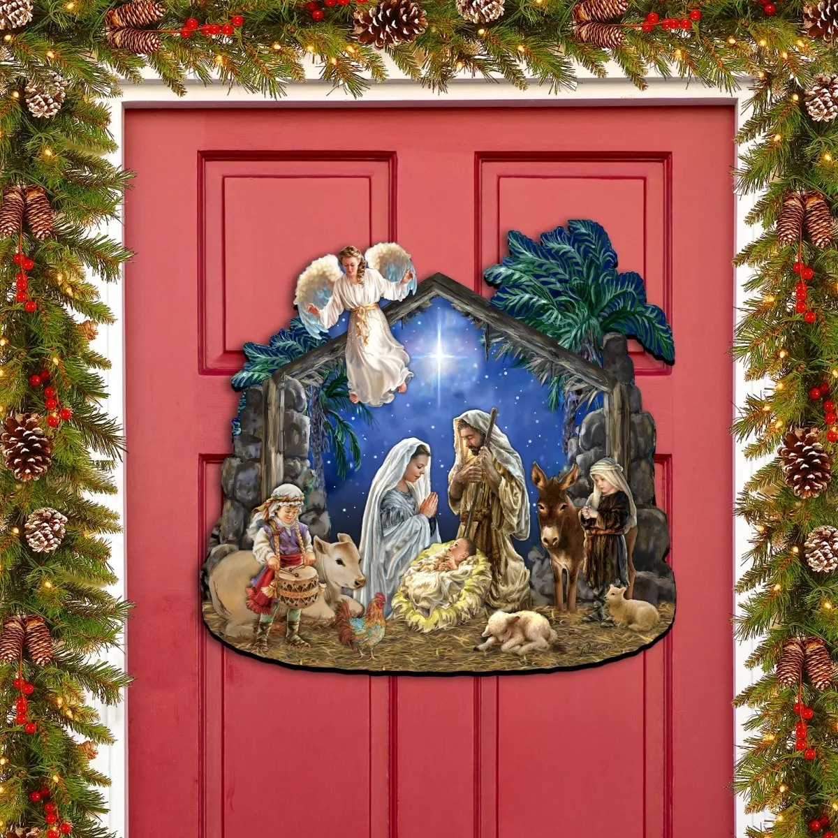 24x18 in. Wooden Artistic Colorful Nativity with Angel, Festive Wall & Door Decor, Ideal Holiday Gift